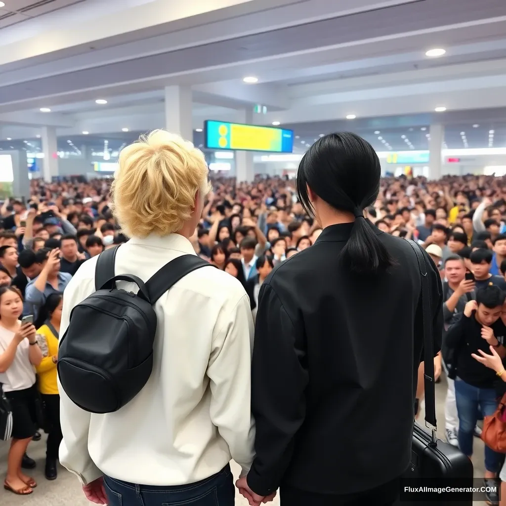 A man with curled, blonde ear-length hair and a man with low pony-tailed ebony hair are holding each other's hands in front of a huge crowd of fans at the airport, showing their backs. Both are styled like K-pop idols, and the blonde man is taller.