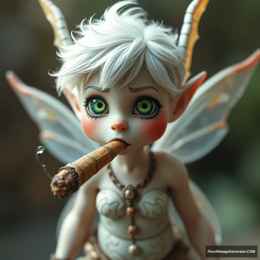 Cute white ginger fairy with green eyes smoking a giant cigar.