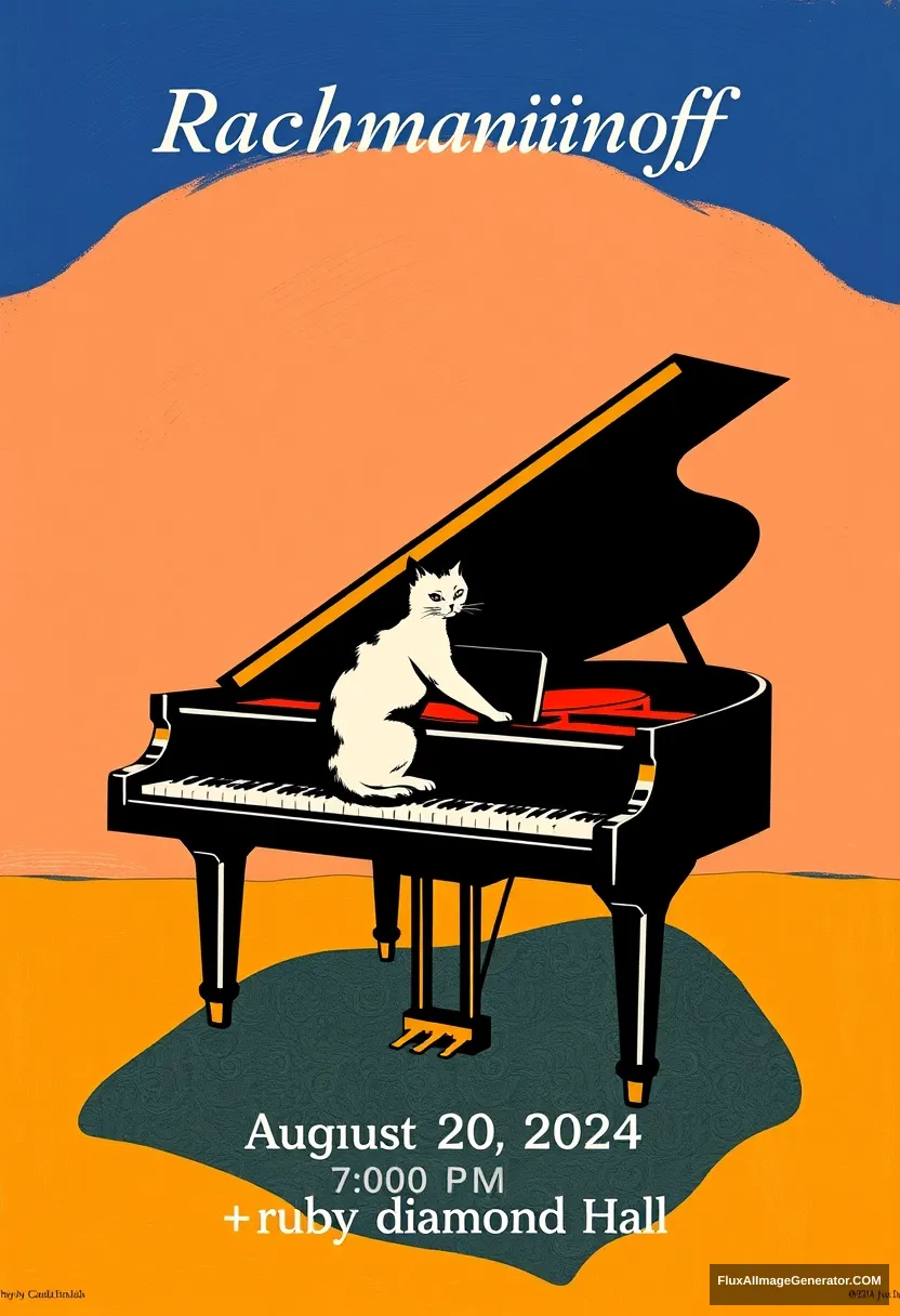 Title: "Rachmaninoff" displayed at the top center

include the following text on the bottom of the poster:
“August 20, 2024” 	
“7:00 PM” 	
“ruby diamond Hall” 	

Visual Elements: A grand piano centered at the bottom of the poster with a cat playing piano in a Matisse style and minimal style. - Image