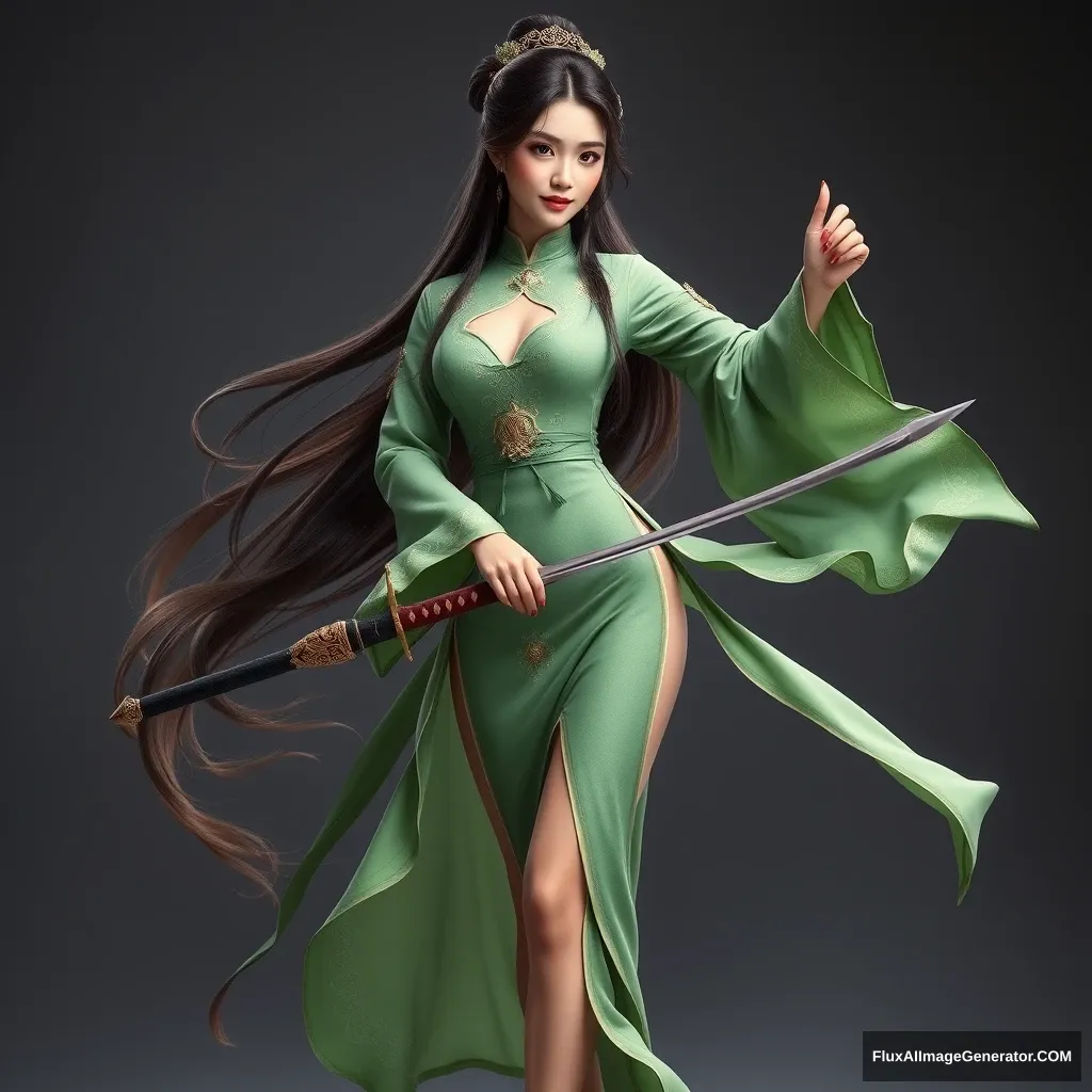 A beautiful woman in traditional Chinese attire, dressed in a form-fitting green costume adorned with delicate decorations. The outfit exudes an antique charm, flowing and dynamic, full of grace. With long hair styled in an ancient fashion, she has long legs and a tall figure, embodying the essence of a female warrior from ancient times, holding a slender treasured sword that showcases her physique.