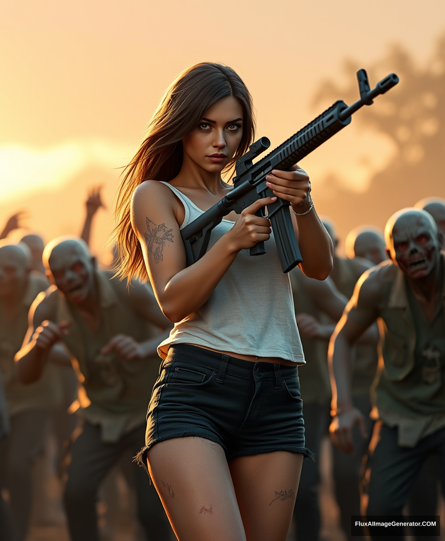 Portrait of a wounded sexy woman in a white vest and a pair of black shorts, holding an AR-15 rifle with both hands, in an aiming posture, surrounded by scary zombies, golden hour lighting, ray tracing, global illumination.