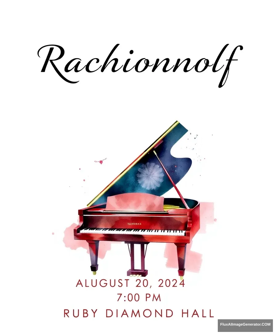 Title: “Rachmaninoff” displayed at the top center

include the following texts line by line on the bottom of the poster:  
“August 20, 2024”  
“7:00 PM”  
“Ruby Diamond Hall”  

Visual Elements: A grand piano centered at the bottom with minimal vigorous colors watercolor style. - Image