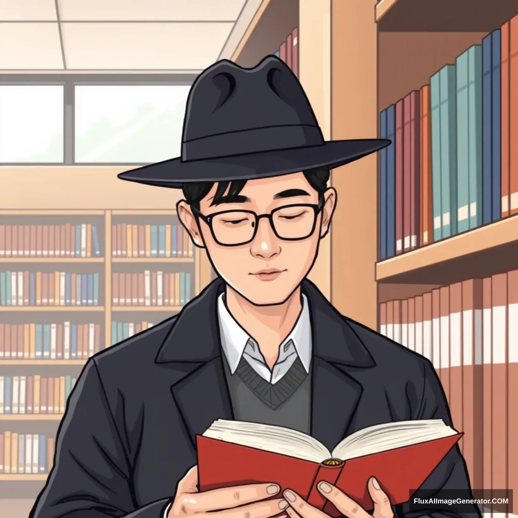 Illustrate a Korean man in the library wearing a black fedora and reading a book. No glasses. - Image