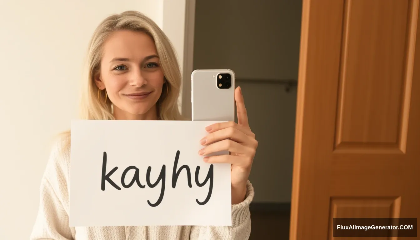 A mirror selfie of a white woman (39 years old) holding a sign with her name "kayhy" while holding an iPhone. - Image