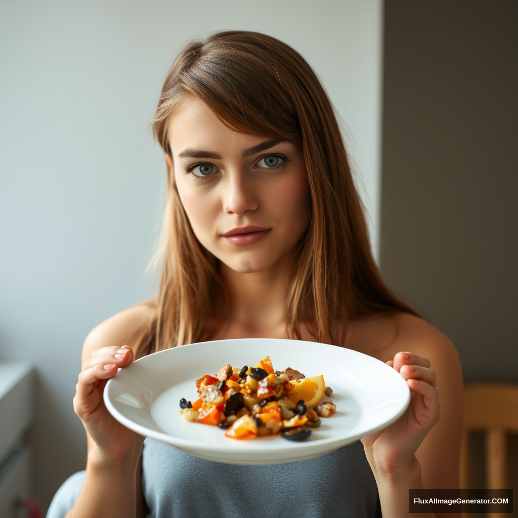 Young woman in front of a plate with invisible food on it.