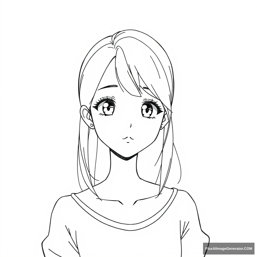 Neat and simple line art character drawing. Anime girl. Very full-figured. Very beautiful. Simple eyes.