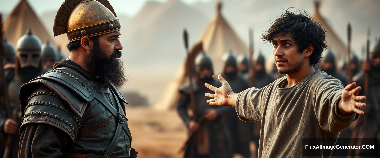 Create an image of two men standing apart and facing off against each other. The man on the right is a young man with his arms stretched out to the sides; he looks shocked, has dark messy unkempt hair and a beard, and is dressed in a simple biblical-era shepherd's tunic. He is looking sternly into the eyes of the man on the left. The man on the left is middle-aged, has a Jewish black beard, and is wearing rugged biblical-era leather armor and a conical brass helmet with a pointed tip. He is staring at the man on the right. Next to the middle-aged man is a group of soldiers. The overall mood of the image is one of anxiety and concern. The background shows a blurred ancient biblical Jewish army camp with desert Arabic tents. The overall atmosphere is intense and cinematic. - Image