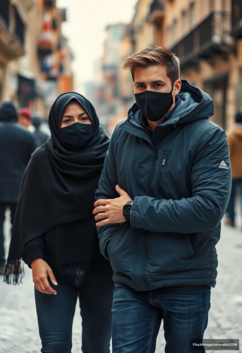 Jamie Dornan's handsome, young face, wearing a black face mask, a snow jacket, and jeans, dating a beautiful girl in a big black hijab with stunning eyes, both wearing face masks, while walking together in a winter scenery in town, captured in hyper-realistic street photography. - Image