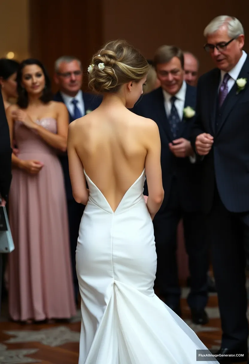 a petite young woman, sensitive, delicate, girly, backless strapless side-less low-waisted V open cut line contouring wedding dress. Her hamstrings are exposed. Fawning obediently mingling with fathers. Expectations. Perfect posture. Pale skin.