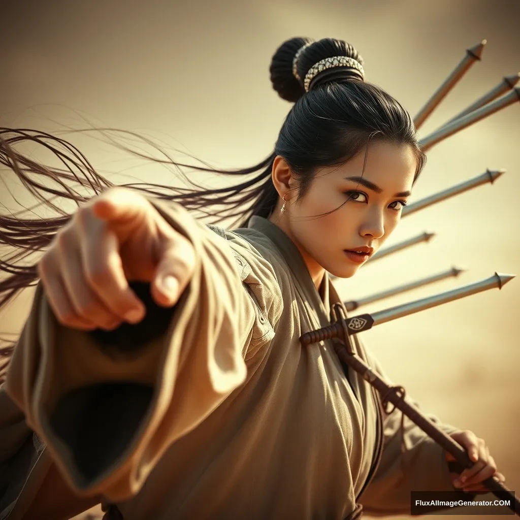 "Help me generate an image: an ancient Chinese female hero, pointing forward, in profile with a serious expression, mid-shot, with wind and sand, (a multitude of swords flying towards the direction of her finger from behind: 1.4), an epic composition, Chinese fantasy style, delicate skin, realistic style, depth of field, photographic art, extreme detail, shadows, movie poster, film grain, low saturation." - Image