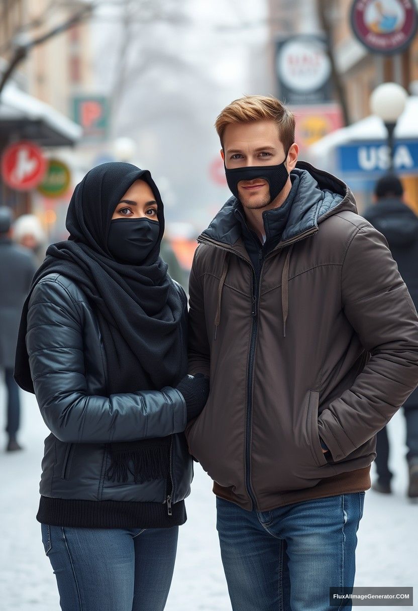 Jamie Dornan, handsome, young, black face mask, snow jacket, jeans, dating a beautiful Muslim girl in a big black hijab, with beautiful eyes, wearing a black face mask and a black leather jacket, in a winter scenery, standing together in town, it's cold, photorealistic, street photography.