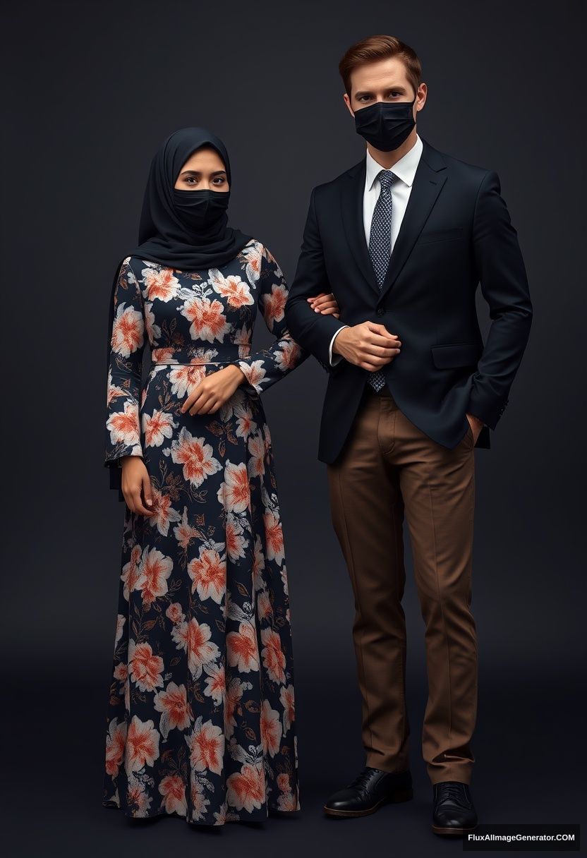 A biggest black hijab girl, slim girl, beautiful eyes, face mask black, biggest floral longest dress, standing hold his arm

Jamie Dornan, youngest, black suit coat, white shirt, grey pattern tie, black leather sneaker, tall man, face mask black, fit tough body, standing near her,

hyper realistic, studio photography