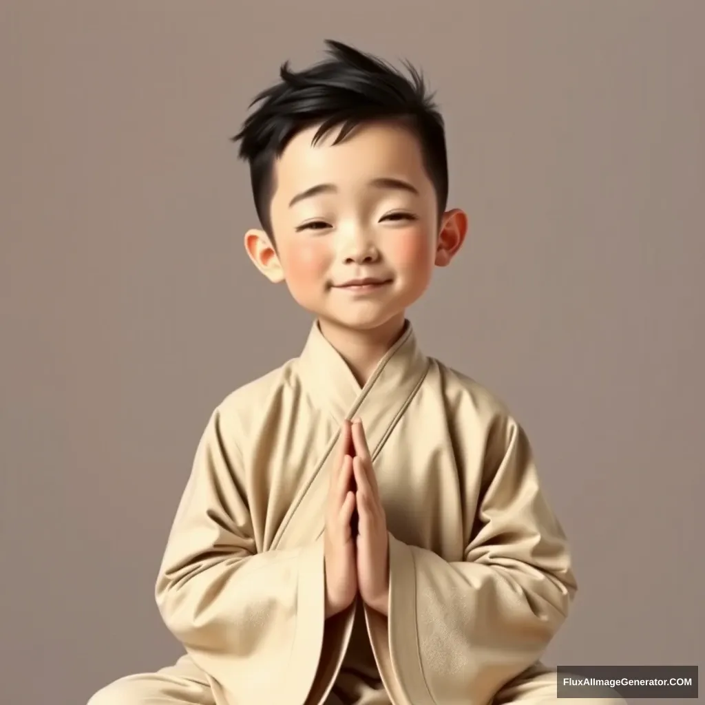 A graceful, meditating Taoist boy, wearing a smile, with his hands in a prayer position.