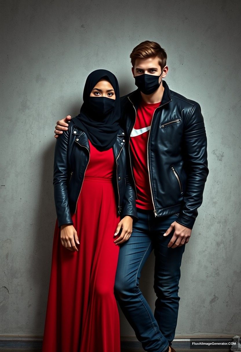 A big black hijab girl with beautiful eyes, a black face mask, wearing a black leather jacket and the longest red dress, not tall.

Jamie Dornan, handsome, wearing a black face mask, fit and tough body, in a red Nike t-shirt, black leather jacket, and jeans, a tall man.

Standing lean against the wall together,
Hyper-realistic, photorealistic, studio photography, in Victoria's abandoned castle, gloomy, dark.