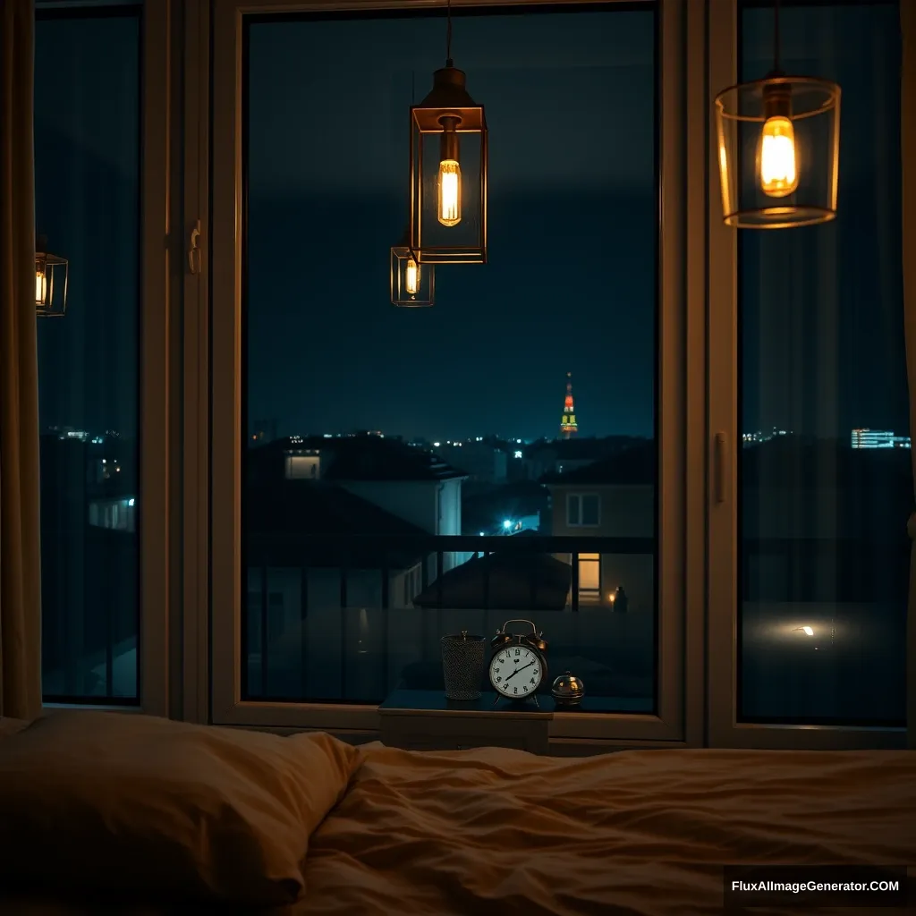 Glass window, modern apartment bedroom in France, lantern lighting, night scenery, 2:00 AM on a small clock at a small desk behind the bed, hyper-realistic, photorealistic. - Image