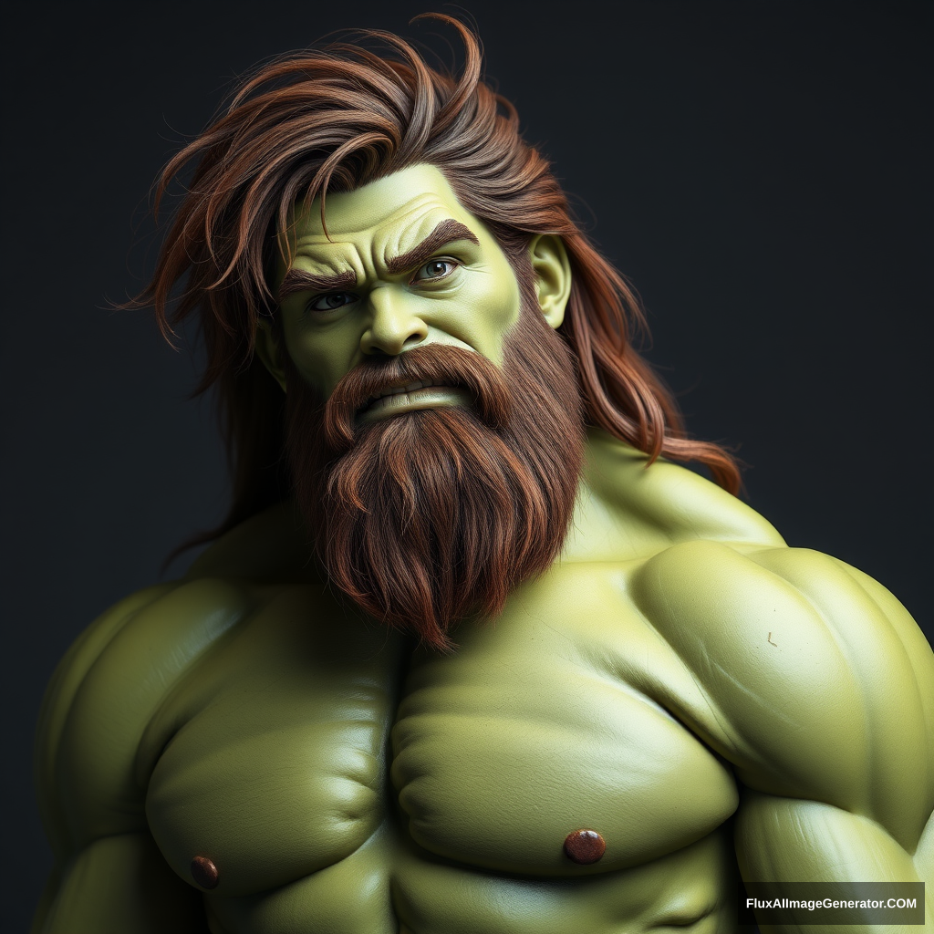 Long brown-haired and short-bearded tall skinny guy as HULK.