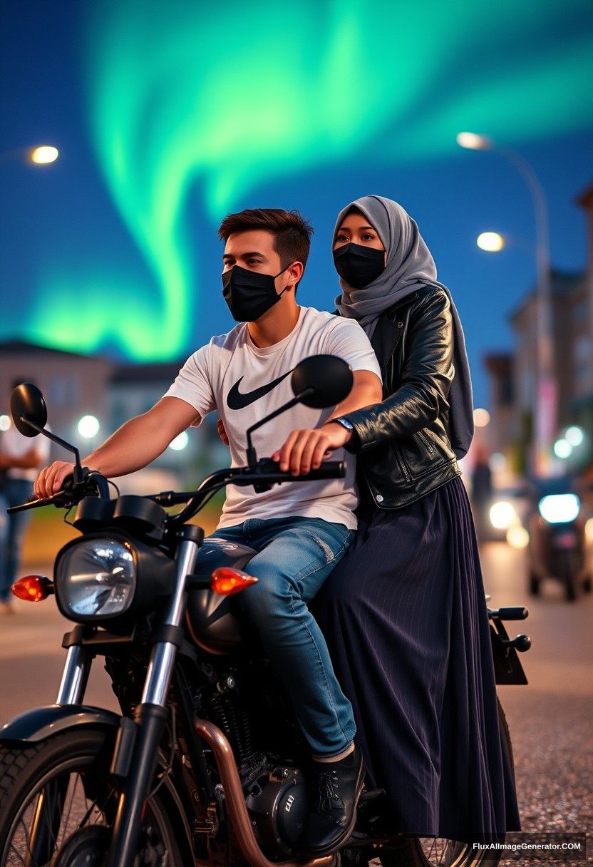 Jamie Dornan, tall, young, wearing a black face mask, a white Nike t-shirt, and jeans, riding a motorcycle.

Dating romantically with a grey hijab-wearing Muslim girl, beautiful eyes, wearing a black face mask, a leather jacket, and a very long and big skirt, not a tall girl.

Riding a motorcycle together in town, photorealistic, street photography, night scenery, aurora borealis.