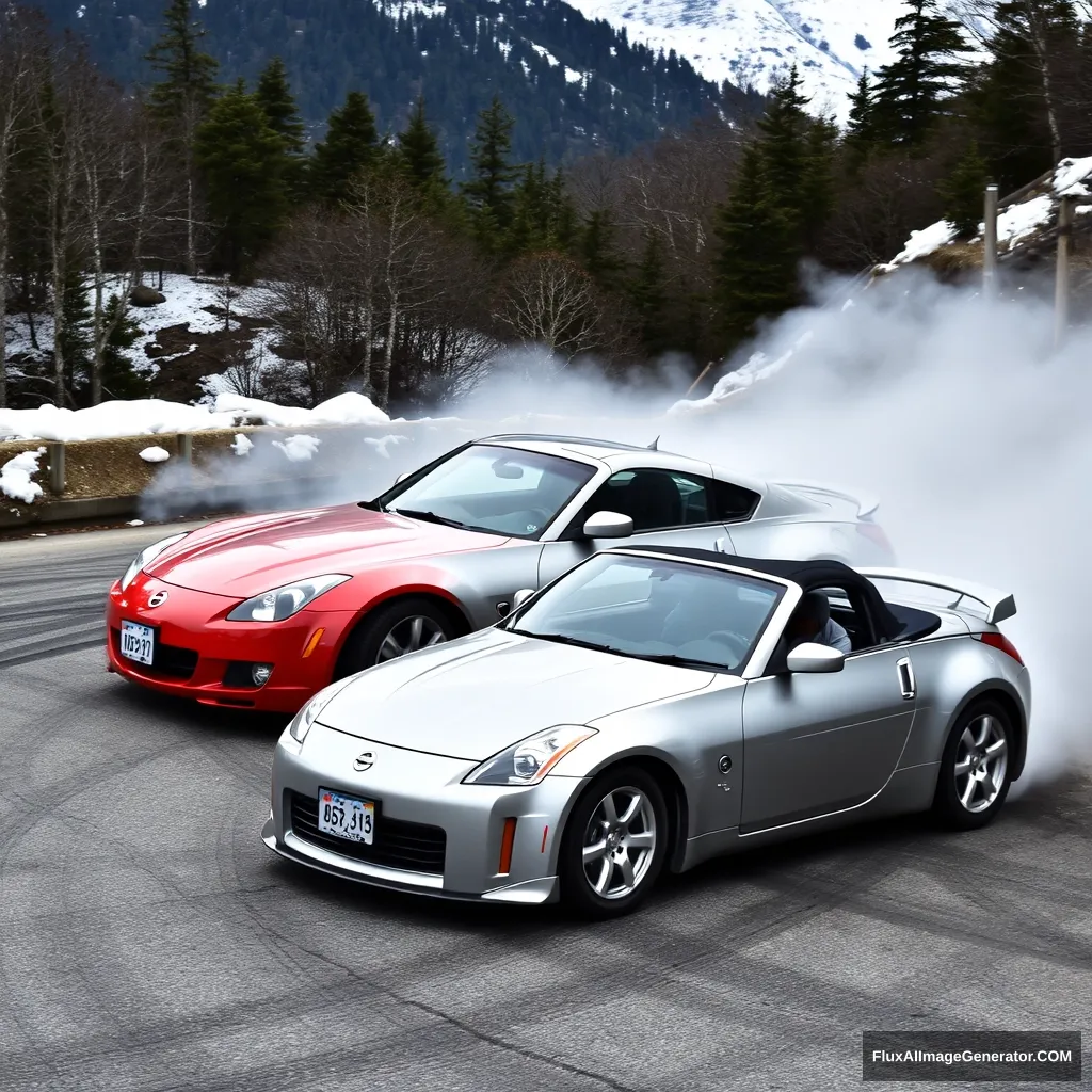 Create an image of a silver Nissan 350z drifting on a Japanese mountain. Add a red first generation Mazda Miata to the image.