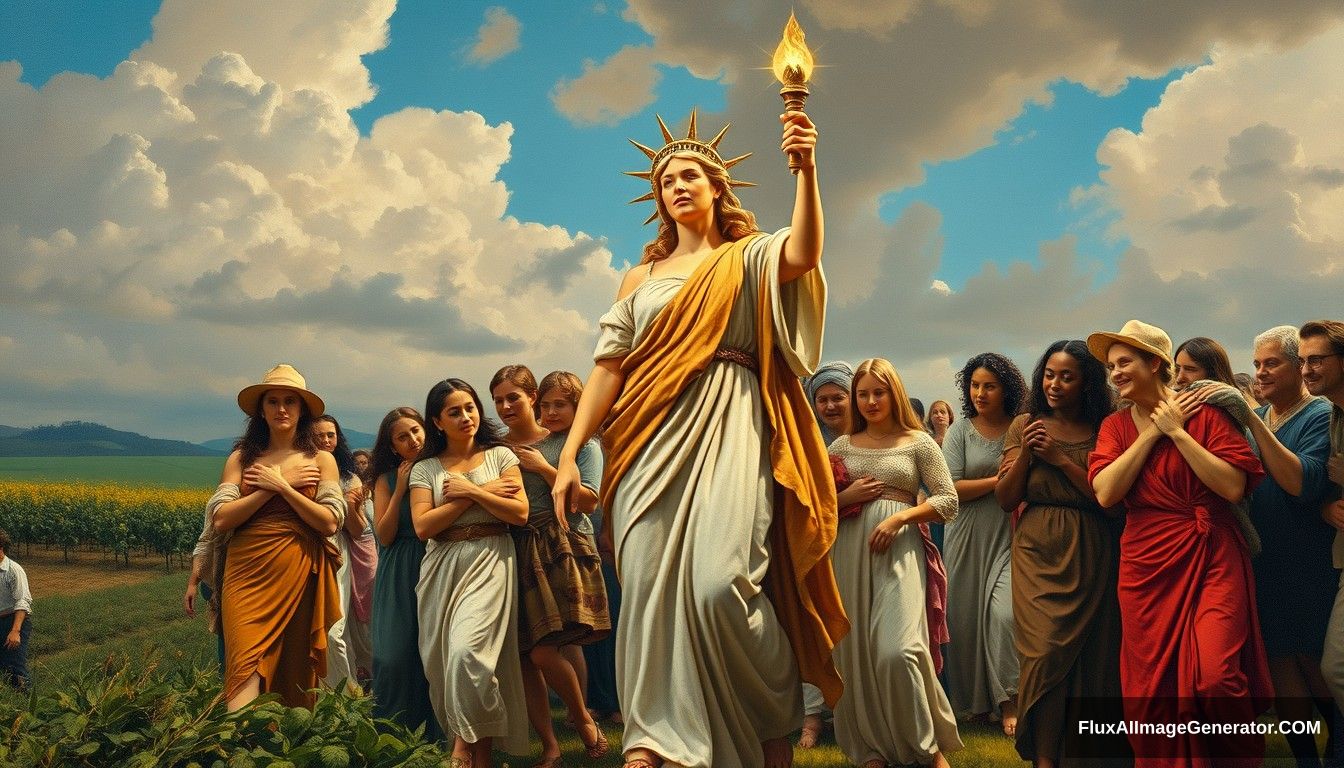 Renaissance oil painting style featuring a powerful and inspiring image depicting the concept of blockchain and decentralization. In the foreground, a goddess symbolizing blockchain and decentralization leads the people towards a bright future. reminiscent of the iconic painting 'Liberty Leading the People.' She is surrounded by families and individuals of predominantly European descent who are joyous and supportive, embracing and helping each other. The scene is vibrant and full of hope, capturing the essence of unity, progress, and decentralized, family-based agricultural production. Light shines from the front, illuminating the scene. - Image