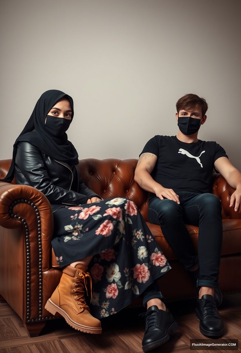 A big black hijab girl, slim girl, beautiful eyes, black face mask, black leather jacket, big floral long dress, Timberland boots, sitting on a leather single wing sofa, 

Jamie Dornan, youngest, in a black Puma t-shirt, jeans, black leather sneakers, tall man, black face mask, fit body, sitting near her,

hyper-realistic, studio photography.