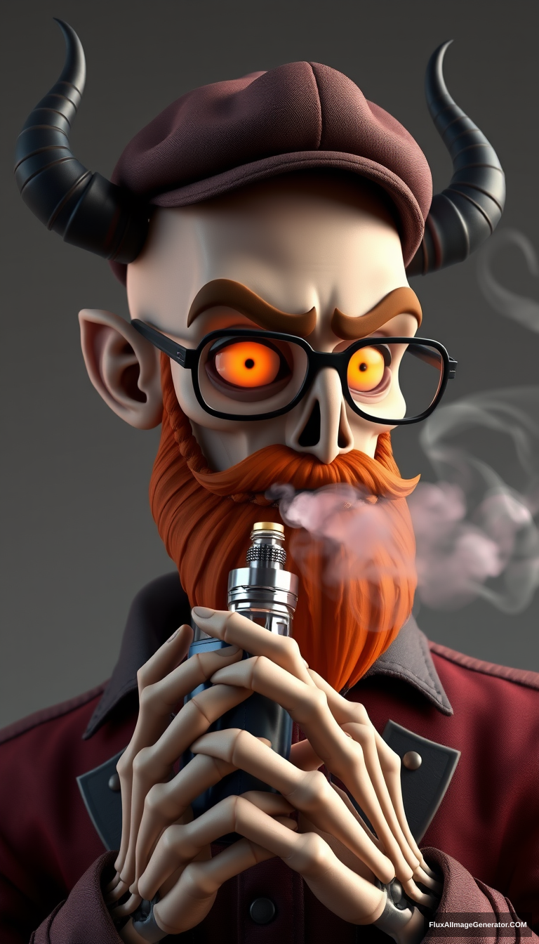 Three-quarter view of a sinister, bald cartoon human male with subtle necromancer features. Demonic obsidian horns contrast with a short, fiery ginger beard. Weathered flat cap and aviator glasses, hellfire glowing eyes. Skeletal fingers clutch a chrome vape mod, exhaling dense, swirling vapor clouds. 3D rendered.