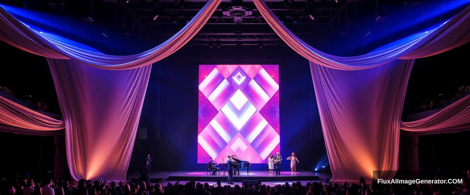 stage with winding silk strips, central LED screen inspired by diamond shapes, piano, dancers, singers, dark blue light, sparkling lights, vibrant audience - Image