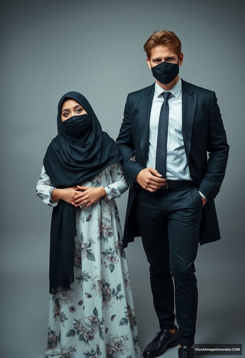 A biggest black hijab girl, beautiful eyes, face mask black, biggest white floral longest dress, not tall, standing, holding his arm

Jamie Dornan, youngest, black suit coat, white shirt, grey patterned tie, black leather sneakers, tall man, face mask black, fit tough body, standing near her, love couple

hyper realistic, studio photography, photorealistic - Image