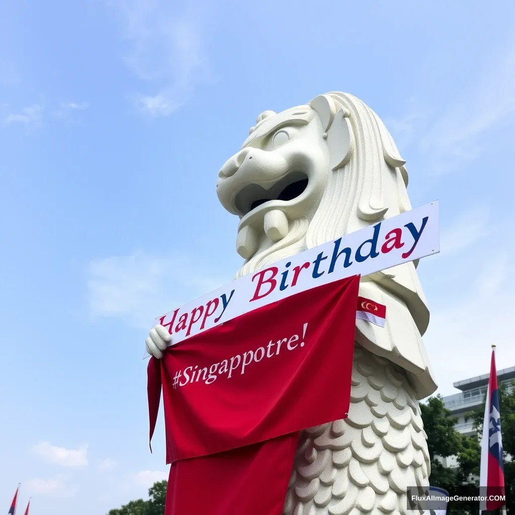 Merlion holding a banner that says “Happy Birthday Singapore”