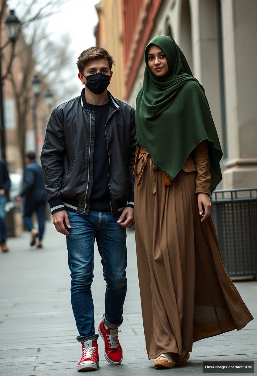 Jamie Dornan, young, black face mask, capital A collage jacket, jeans, red sneakers, dating romantically with someone in the largest army green hijab, beautiful eyes, black face mask, college jacket, the biggest, longest skirt, photorealistic, realistic, street photography, full photography.