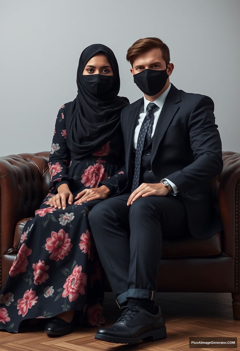 A biggest black hijab girl, slim girl, beautiful eyes, face mask black, biggest floral longest dress, sitting on leather single wing sofa, 

Jamie Dornan, youngest, black suit coat, grey pattern tie, black leather sneaker, tall man, face mask black, tough body, sitting near her, 

hyper realistic, studio photography. - Image