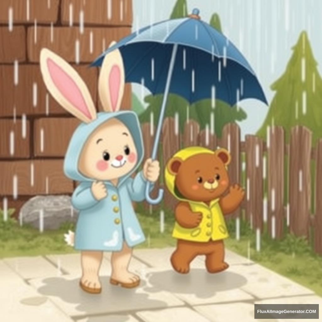 When the rain started, Little Bunny and Little Bear put on their raincoats, grabbed their umbrellas, and went outside. - Image