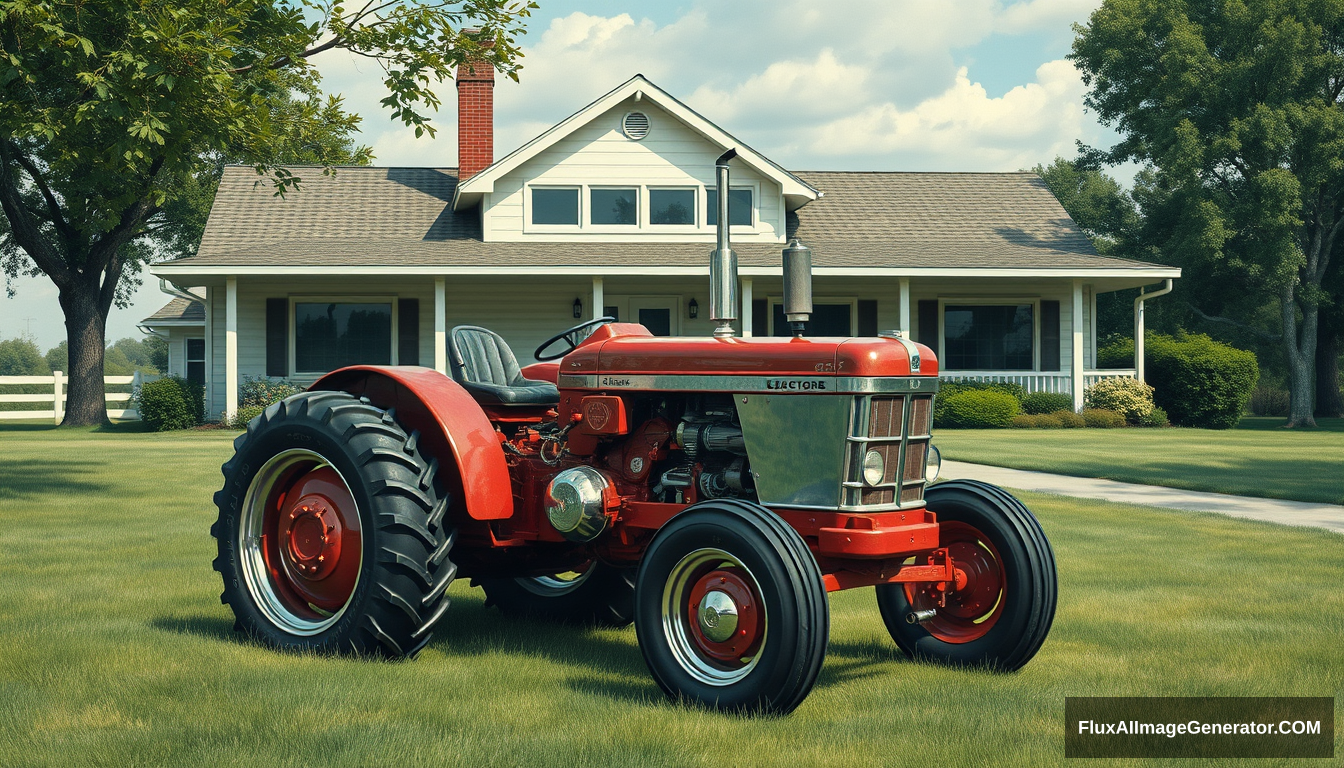 A radical concept tractor from the 1960s sitting in front of a MCM house, as painted by Syd Mead, in a country setting, 4k, with metal-flake paint. - Image