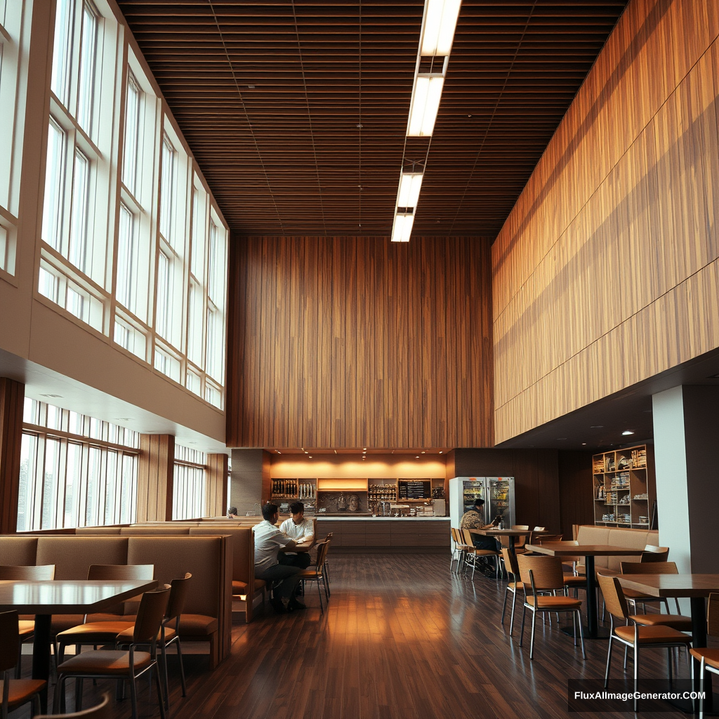 interior, company cafeteria, modern, wood panel, movie scene