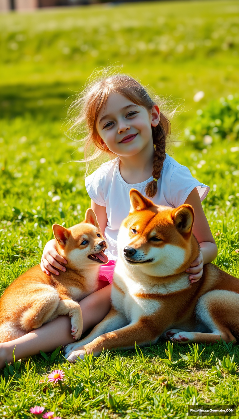 A young girl and a baby Shiba Inu are sitting in the garden sunbathing, with the spring sunshine shining on her, and a green meadow behind her. Master lens, fresh, realistic, Tyndall. - Image