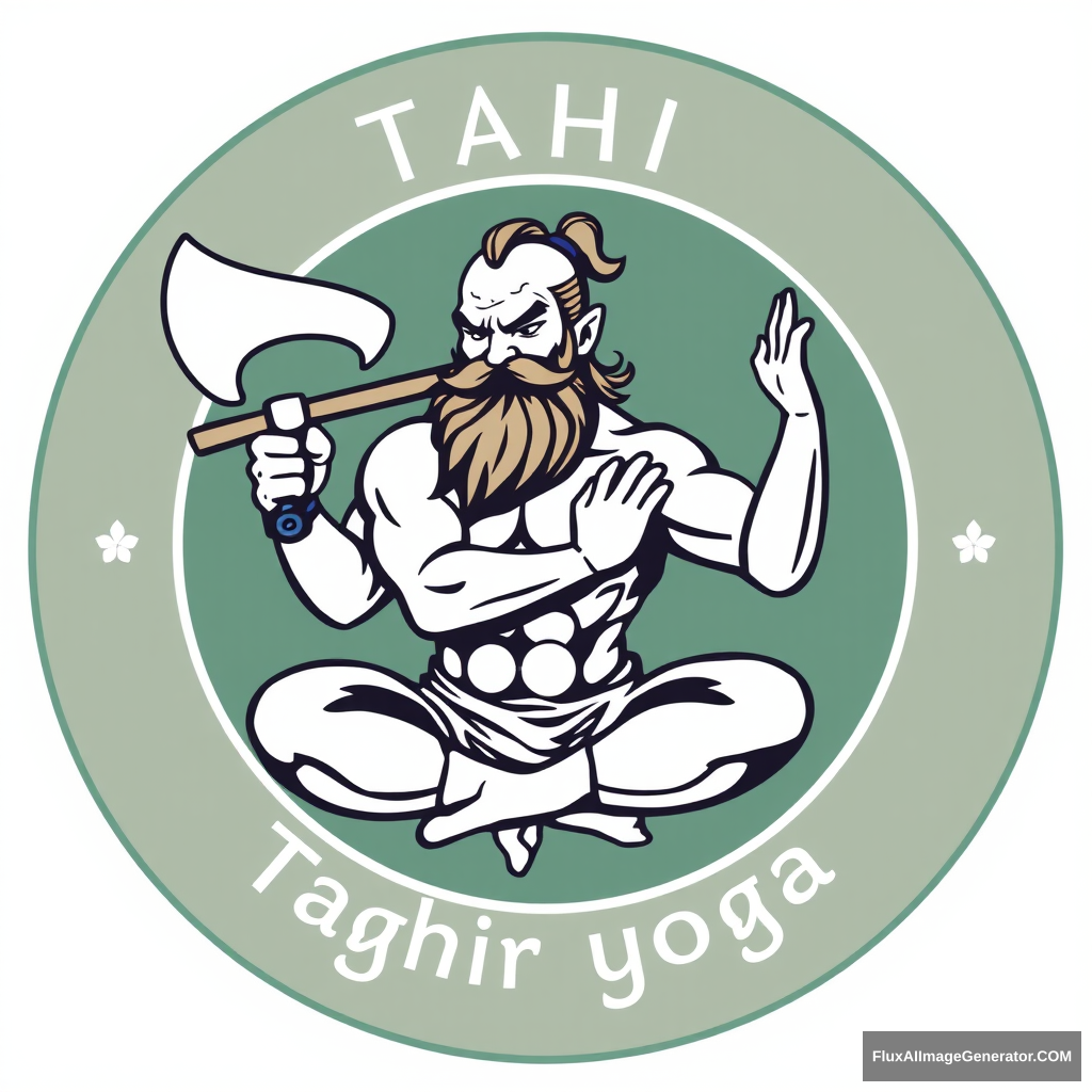 Typical yoga center round logo, but with a muscular dwarf-warrior who looks sexy and calm, sporting a beard and holding an axe while flirting with a woman by touching her arm in a yoga pose. The text on the logo says “Tahir yoga.” - Image