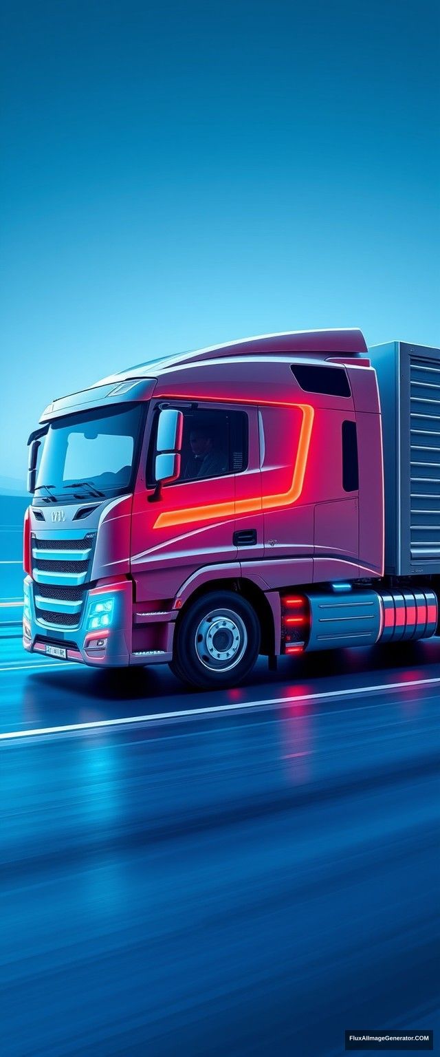 The truck has simple and dynamic lines, driving high-tech trucks, speed lines, glow; the overall picture is bright and clean, full of future, science and technology, blue atmosphere, showing the whole body, panoramic view. - Image