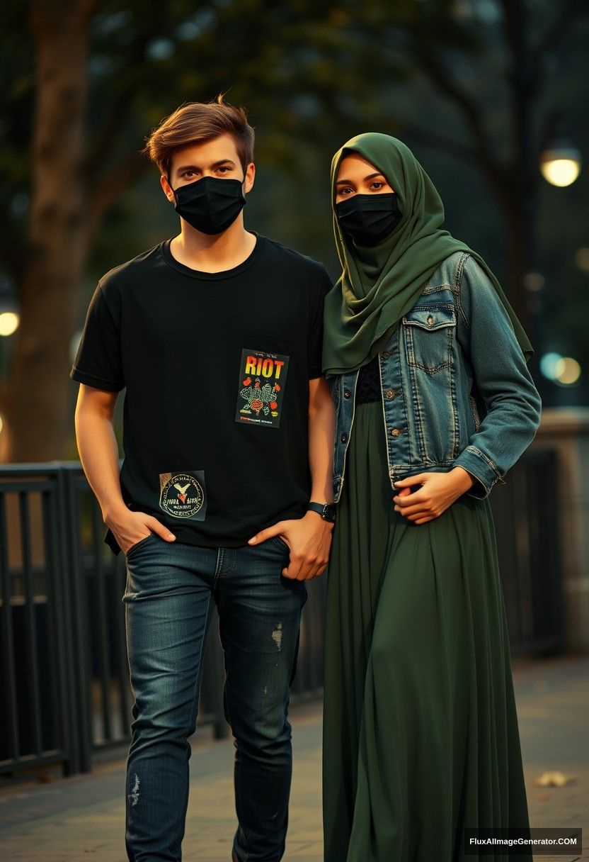 Jamie Dornan, young, wearing a black face mask, black T-shirt, a riot collage jacket, jeans, and red sneakers, on a romantic date with a beautiful Muslim girl in a green army hijab, with beautiful eyes, also wearing a black face mask, a jeans jacket, and the longest skirt, a short girl, photorealistic, street photography, full photography. - Image