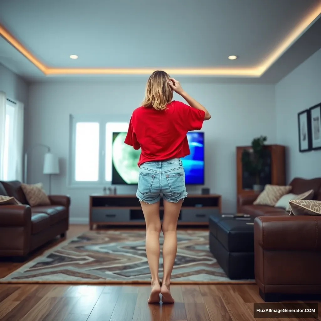 Back view of a young blonde skinny woman in her early twenties in a massive living room, wearing an oversized red polo t-shirt that hangs lopsided on one shoulder, with the bottom part tucked in. She is also wearing light blue denim shorts and has no shoes or socks. Facing the TV with a shocked expression, she dives into the magical TV headfirst. - Image