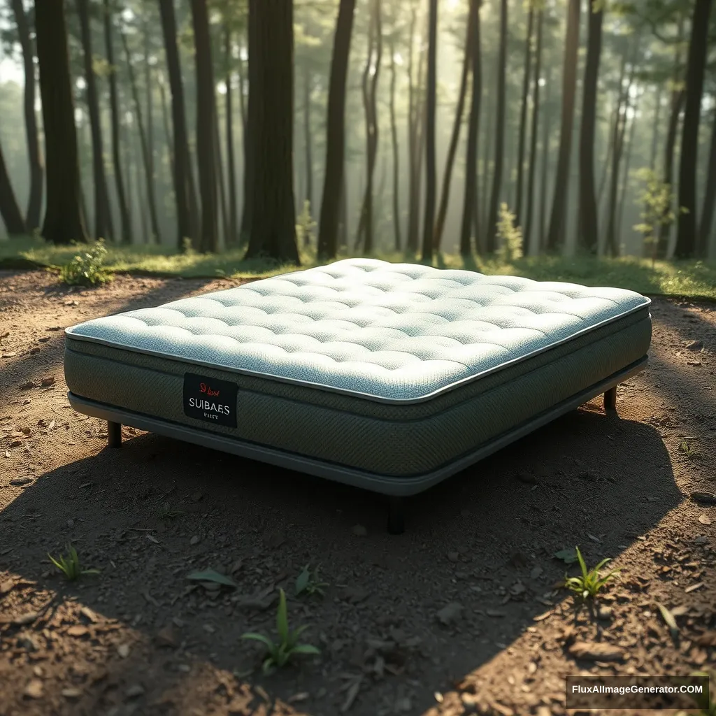 C4D, realistic rendering, a product image, the product type is mattress, outdoors, the product name is "Suibao Mattress," forest, morning light. - Image