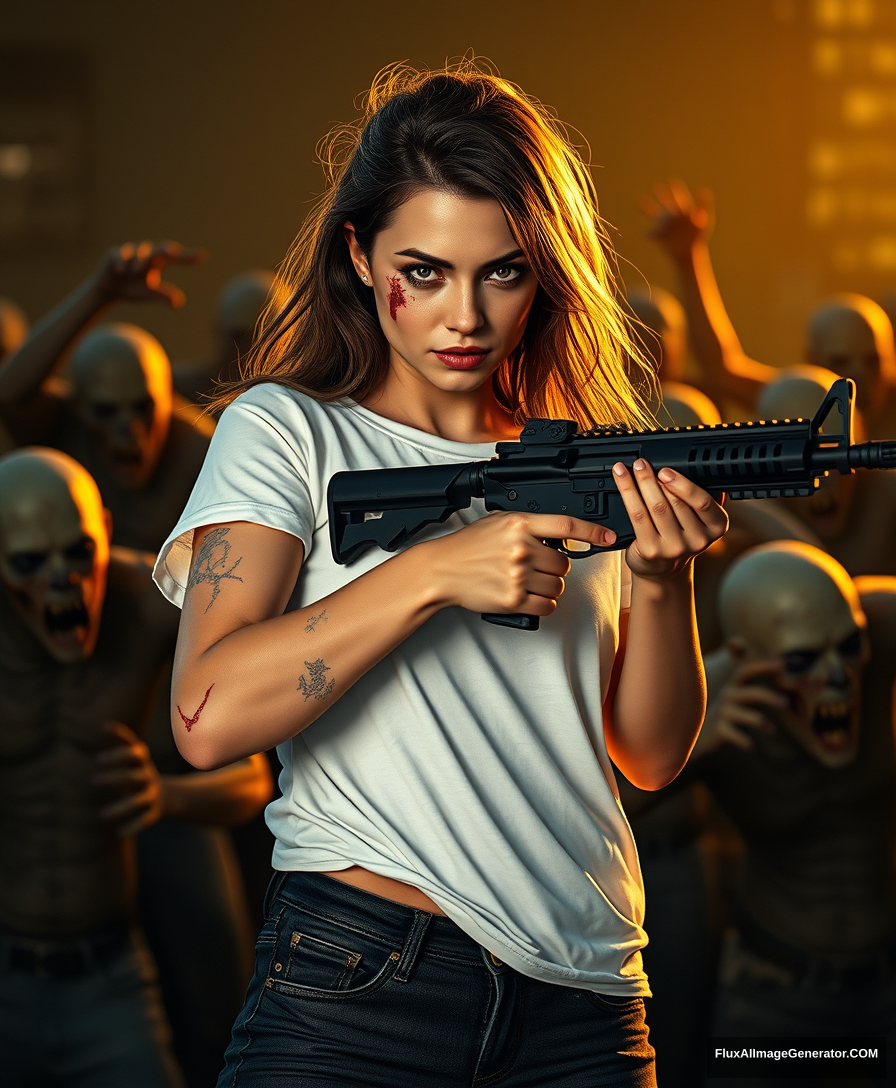 Portrait of a wounded sexy woman in a white t-shirt and a pair of black jeans, holding an AR-15 rifle with both hands, in an aiming posture, surrounded by scary zombies, with golden hour lighting, ray tracing, and global illumination, 35mm focal length.