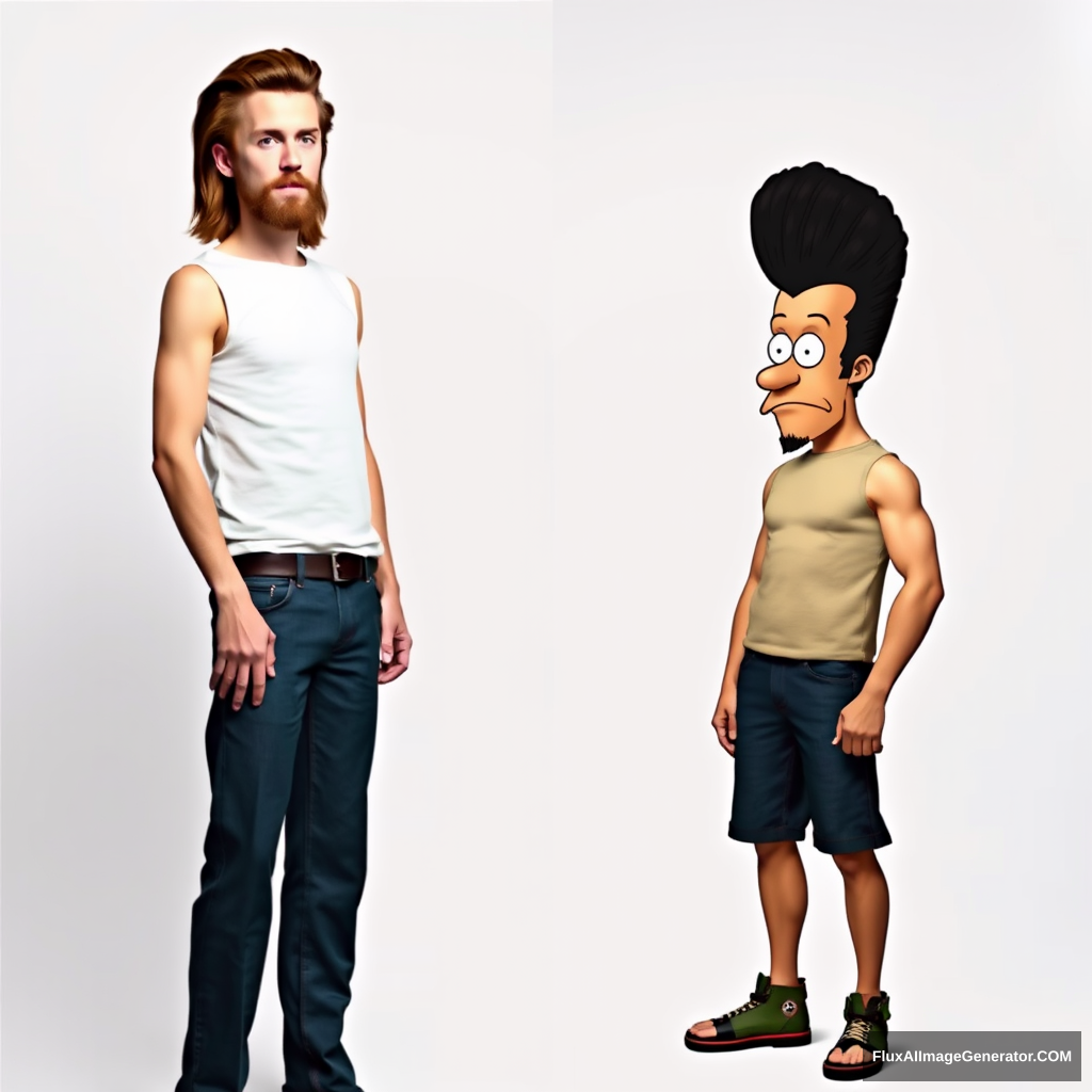 Full body picture of a tall, skinny guy with long brown hair and a short beard standing on the left side, cosplaying as Beavis, and a short, muscular guy with long black hair and a short beard standing on the right side, cosplaying as Butt-Head.