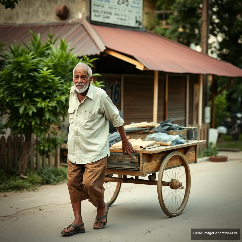 Old man pushing a cart. - Image