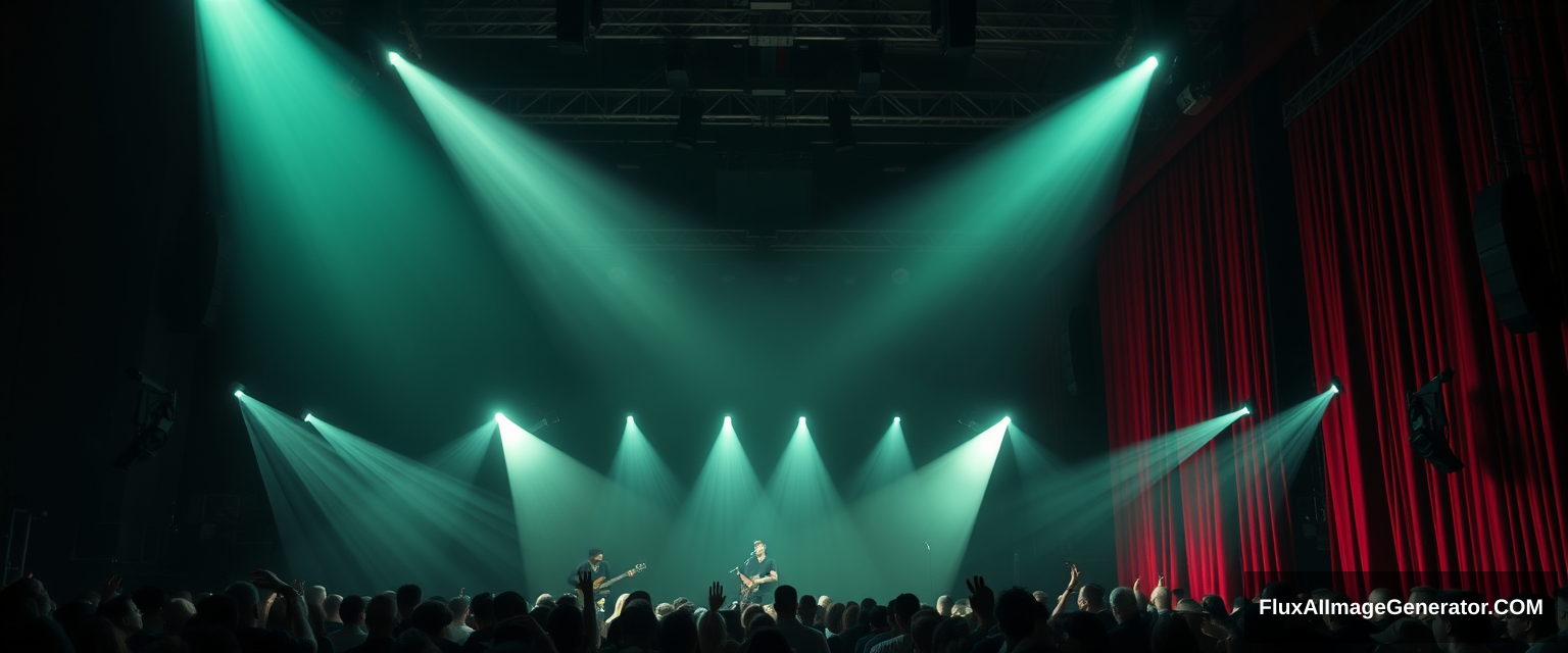 music stage, spot lights, dark green color tone, large audience, red curtain