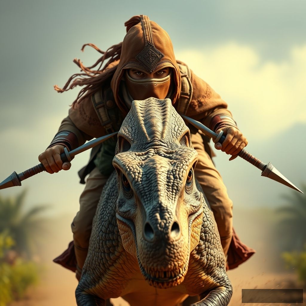 Close-up shot of an ancient Mongolian warrior's face covered with a leather mask is riding towards the viewer on the back of a running T-rex dinosaur in a galloping speed, holding a sword in each hand with symmetry. - Image