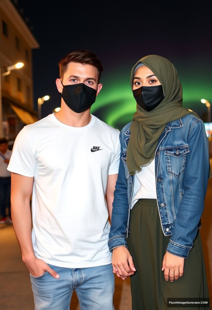 Jamie Dornan, handsome, black face mask, white Nike t-shirt, jeans, sneakers, dating romantically with an army green hijab-wearing Muslim girl, beautiful eyes, black face mask, jeans jacket, longest skirt, not a tall girl, red sneakers, holding hands, photorealistic, street photography, full photography, selfie photos, night scenery, aurora.