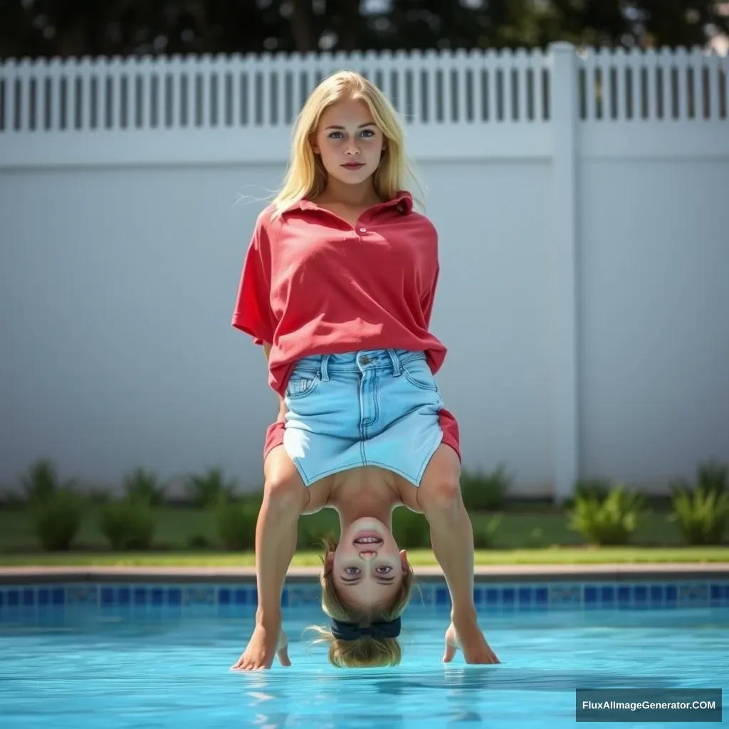 Front view of a young blonde skinny woman in her early twenties with a good tan, standing in her large backyard. She is wearing an oversized red polo t-shirt that is slightly off-balance on one shoulder, with the collar and the bottom part not tucked in. She has on light blue denim shorts that are a bit large and is barefoot. She accidentally falls into the pool upside down, with her head submerged in the water. - Image