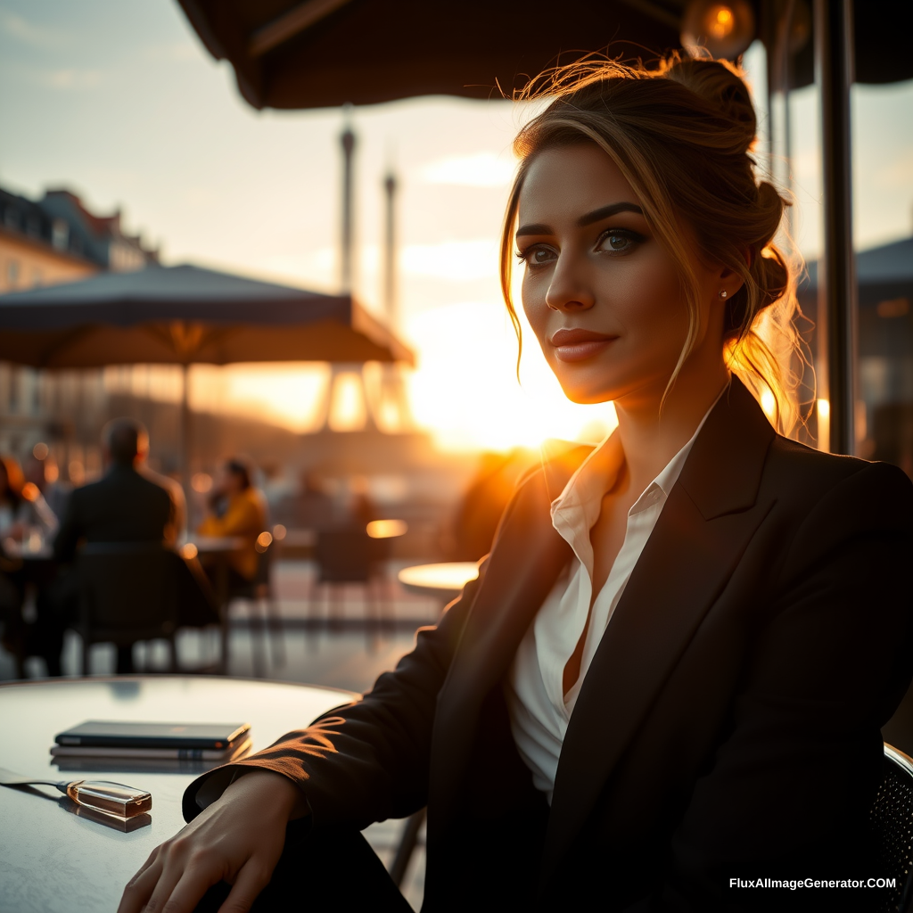 Close-up of a stunning businesswoman sitting at a café in Paris at sunset. - Image