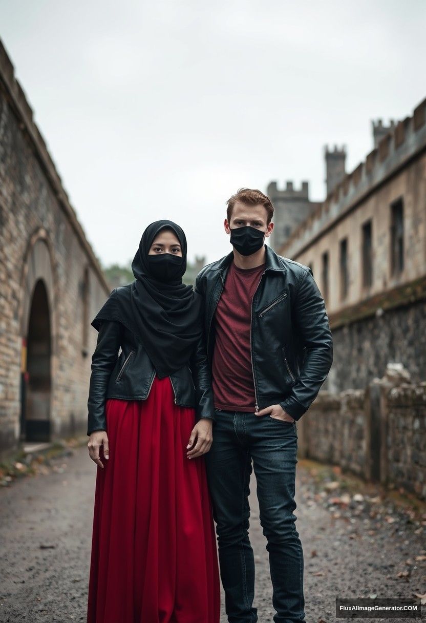 A biggest black hijab girl, beautiful eyes, face mask black, black leather jacket, biggest red longest dress, untall,

Jamie Dornan, handsome, face mask black, fit and tough body, metal red t-shirt, black leather jacket, jeans, tall man,

standing near wall together,
Hyper realistic, photorealistic, street photography, Victoria's abandoned castle, gloomy. - Image