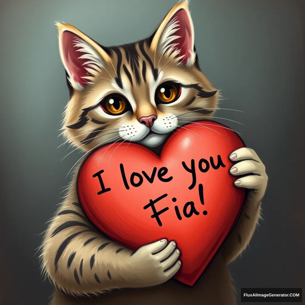 A cat holding a heart on which it is written "I love you Fia!" - Image