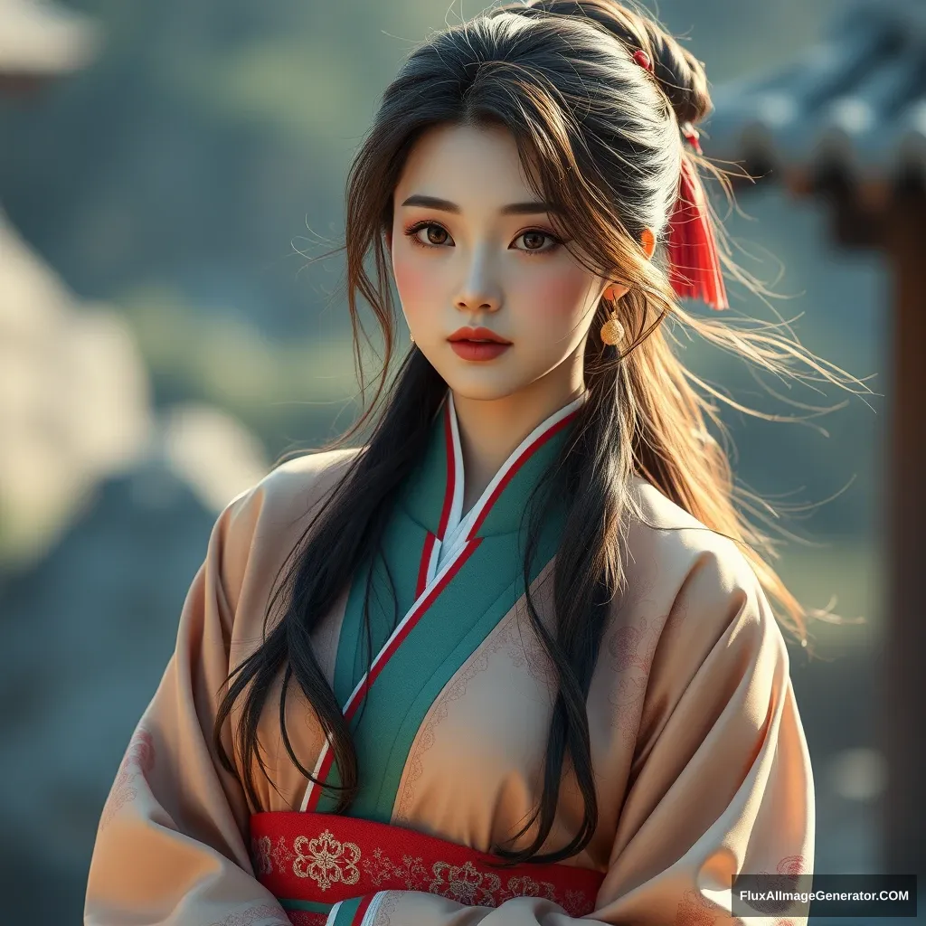 A gorgeous and elegant girl (like Tang Wei) is wearing Korean traditional clothing, tousled hair, hyper-realistic photo, unreal engine.